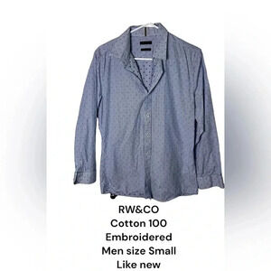 RW&CO shirt,men Small.  Blue , striped , embroidered, dotted, cotton 100%, EC